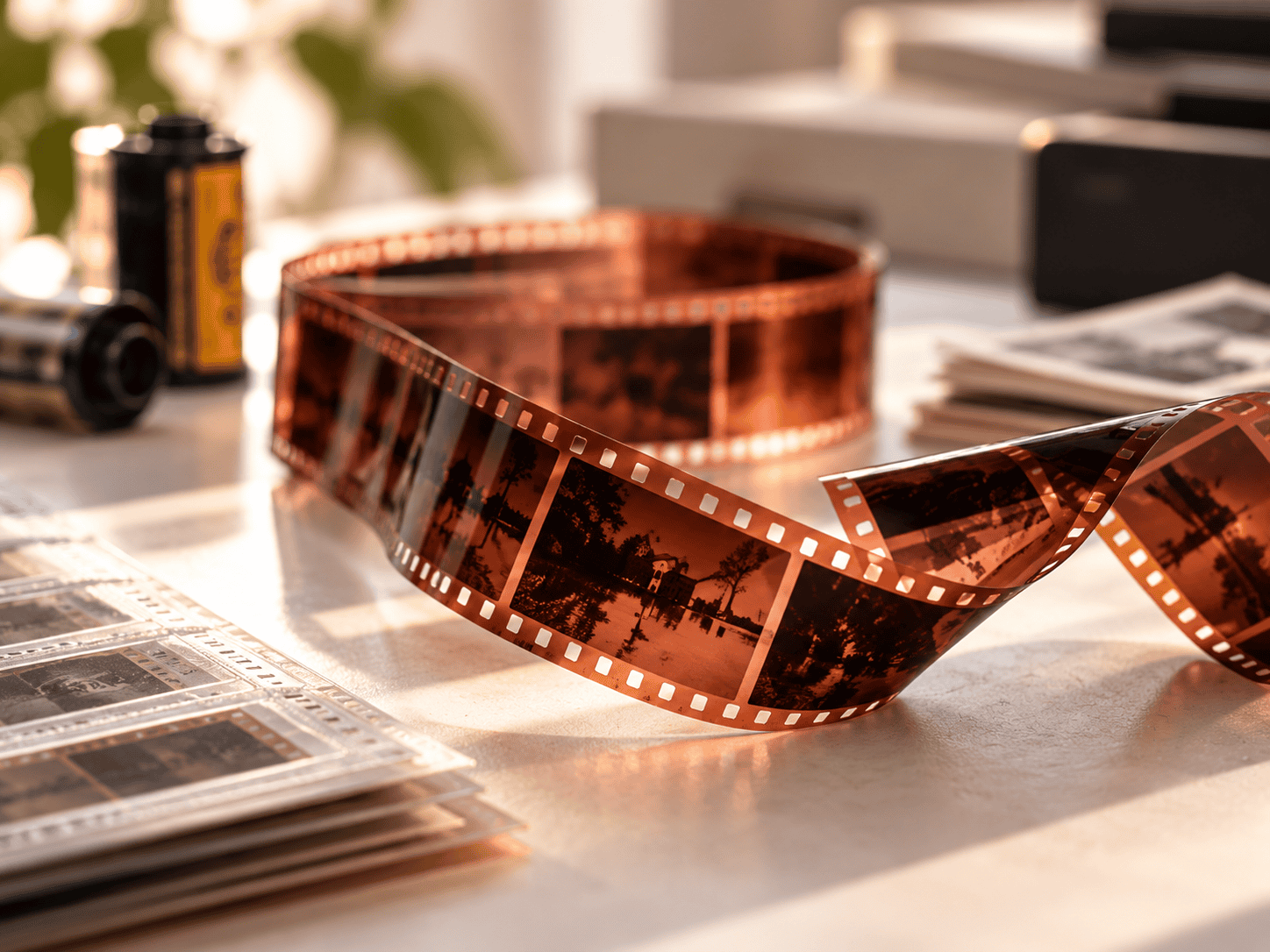 Opgerolde analoge filmnegatieven op een werktafel in warm zonlicht, als voorbeeld van negatieven die gedigitaliseerd kunnen worden.