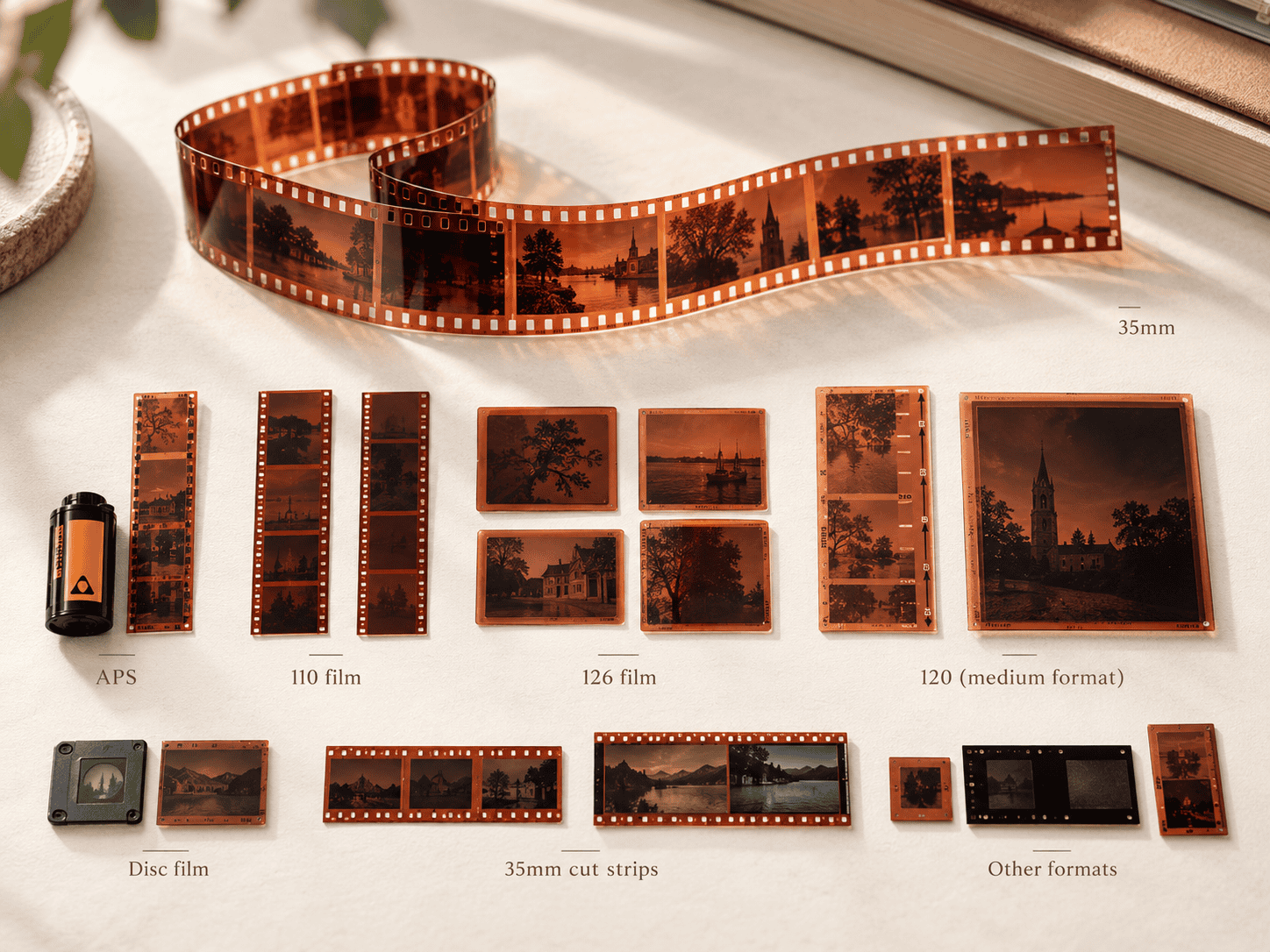 Overzicht van verschillende soorten filmnegatieven en negatiefformaten, waaronder kleinbeeld, 110, 120, 126 en andere formaten