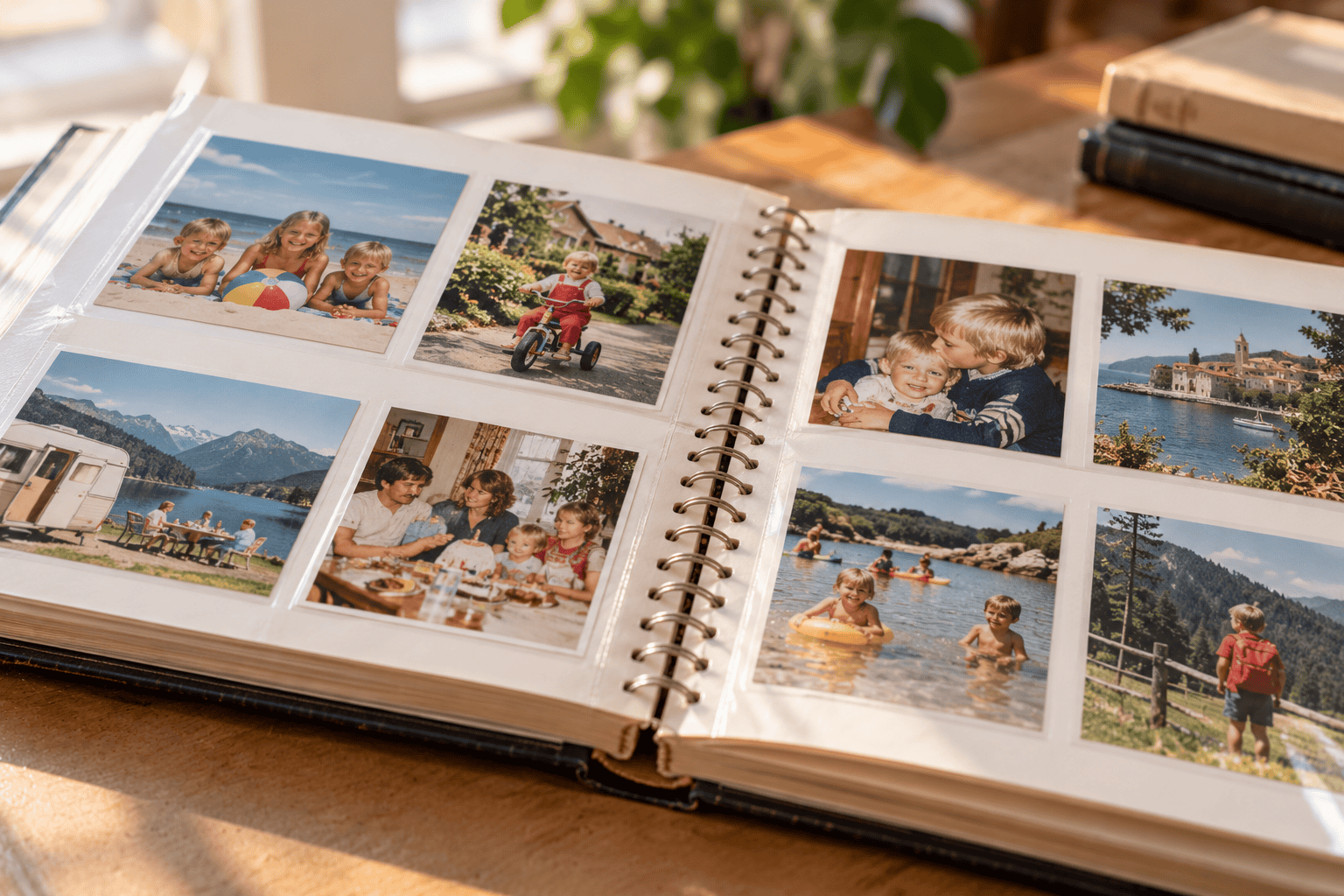 Geopend fotoalbum uit de jaren 80 met kleurenfoto’s van familie, vakanties en alledaagse momenten