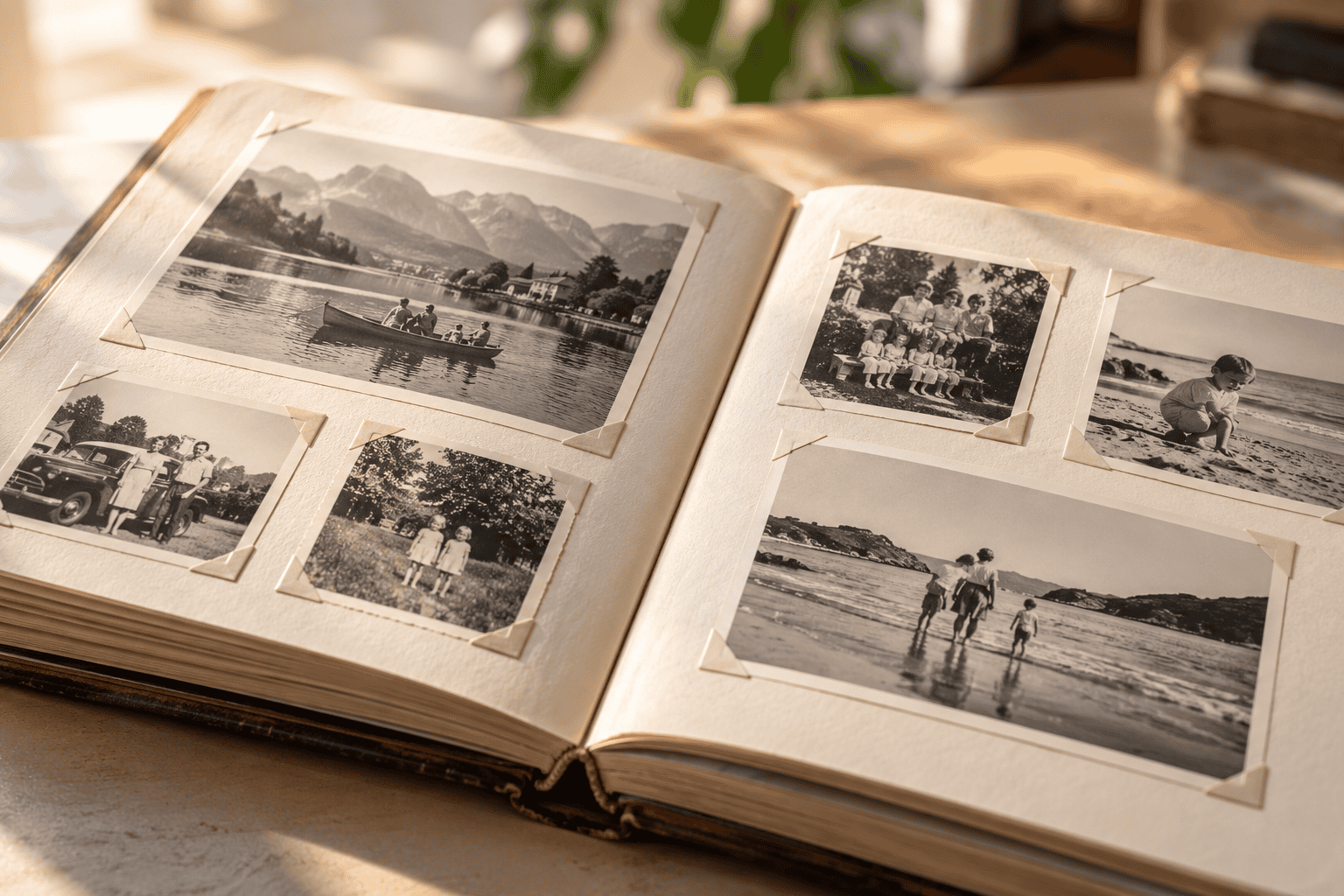 Geopend oud familiealbum met meerdere foto’s die in hun oorspronkelijke ordening in het album zijn gebleven
