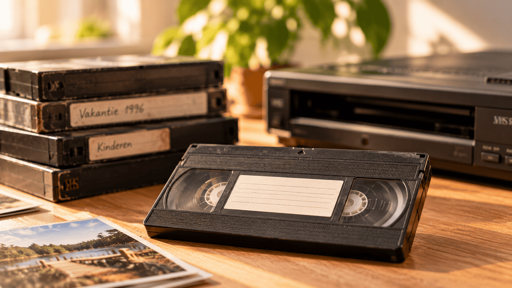 Oude VHS-banden en videorecorder voor het digitaliseren van bewaarde familievideo’s