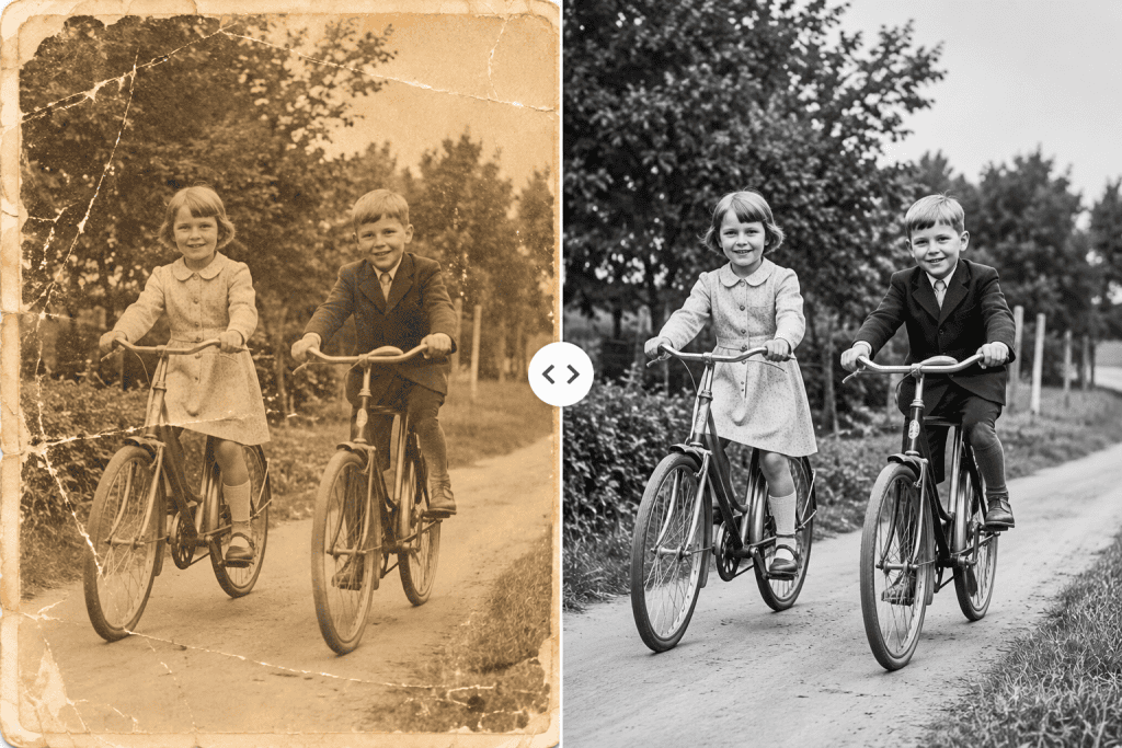 Beschadigde oude foto van twee kinderen op de fiets naast de digitaal herstelde versie