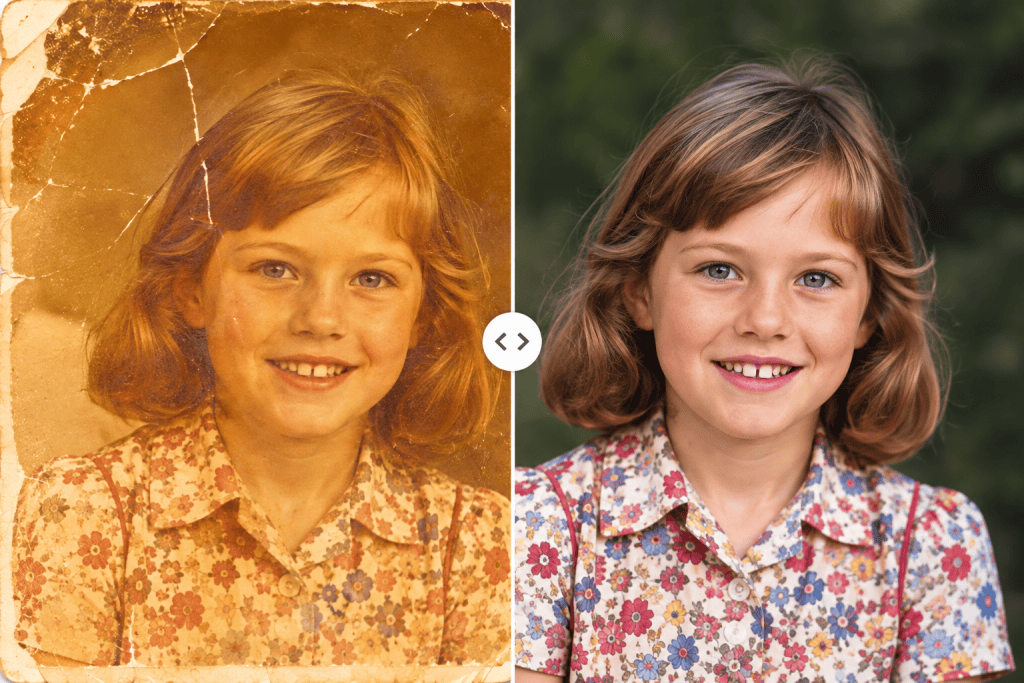 Sterk verkleurde jaren 70 foto van een meisje naast de digitaal herstelde versie