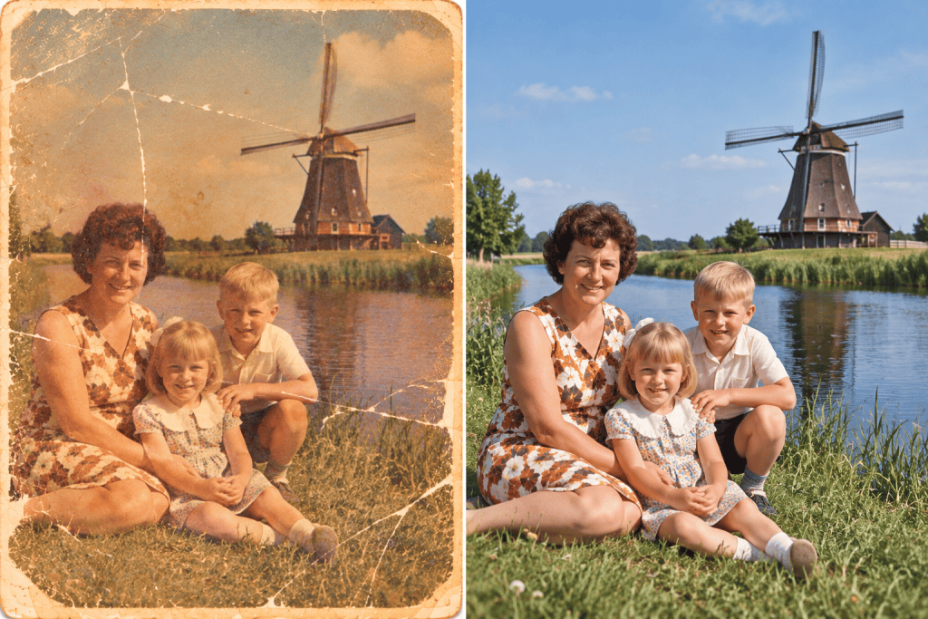 Verkleurde oude familiefoto bij een molen naast de digitaal herstelde versie