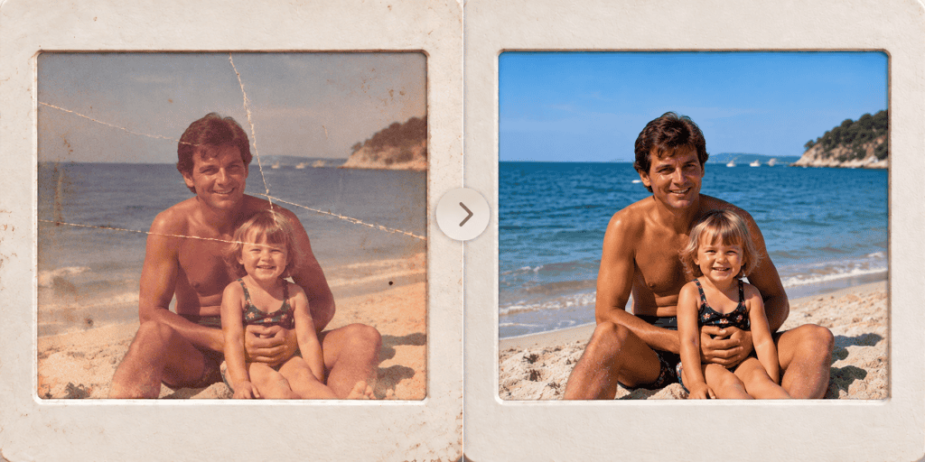 Beschadigde familiedia van vader en dochter op het strand naast dezelfde dia na digitaal herstel
