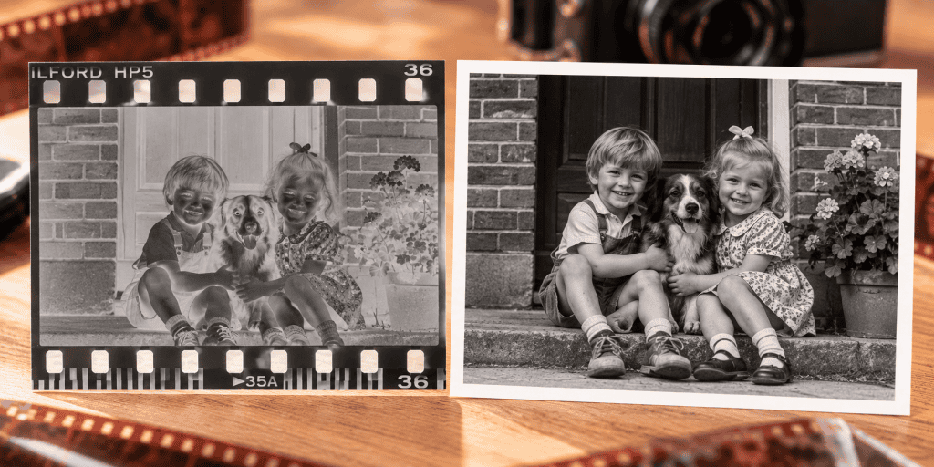 Zwart-witnegatief van twee kinderen met een hond naast dezelfde foto na digitalisering