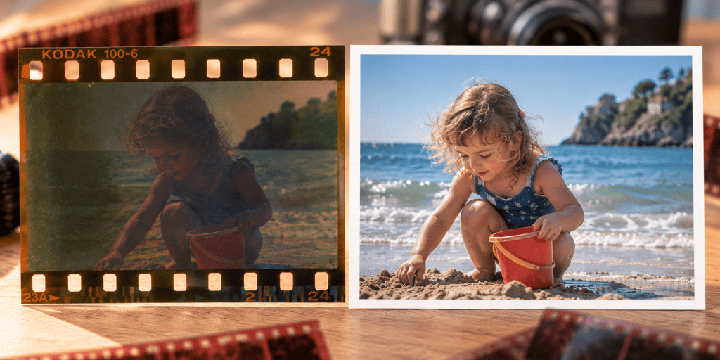 Donker kleurennegatief van een kind op het strand naast dezelfde foto na digitale correctie