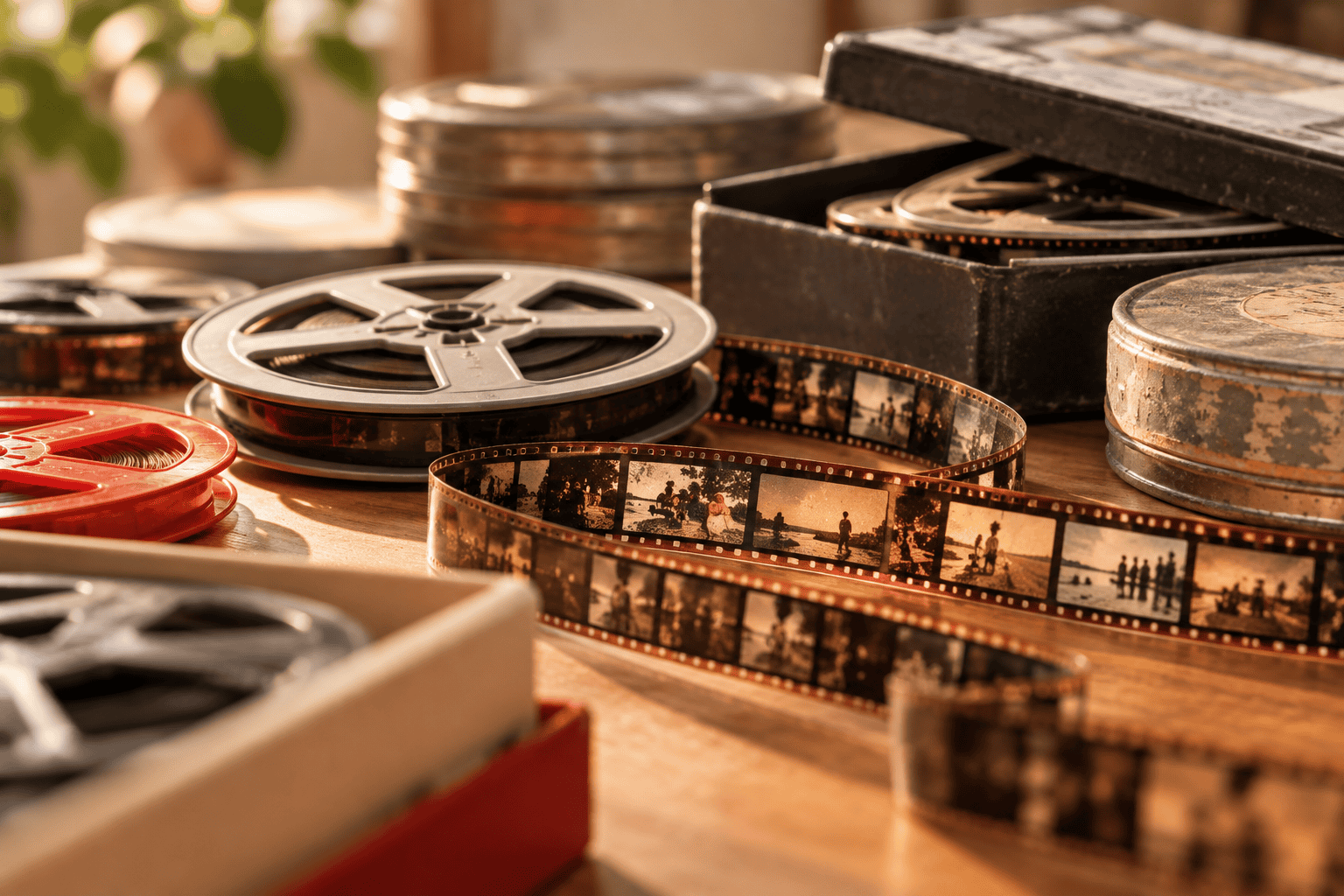 8mm en Super 8 filmspoelen met oude filmbeelden klaar om te digitaliseren