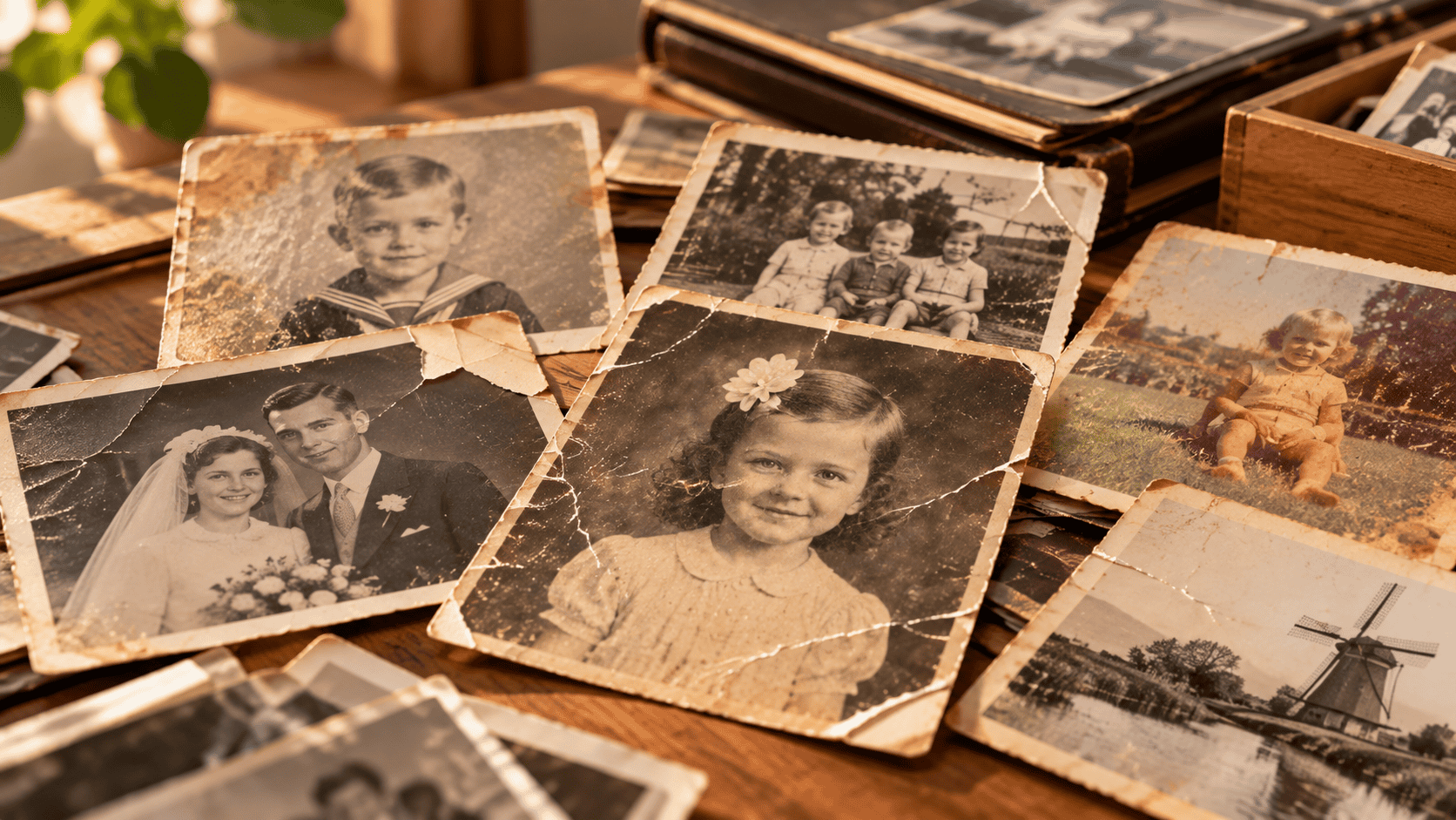 Verzameling oude familiefoto's met scheuren, krassen, vlekken en verkleuring