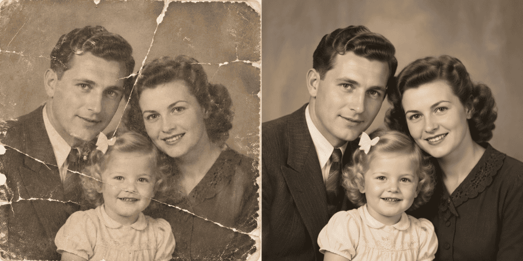 Voor en na van een beschadigde oude familiefoto die digitaal is hersteld