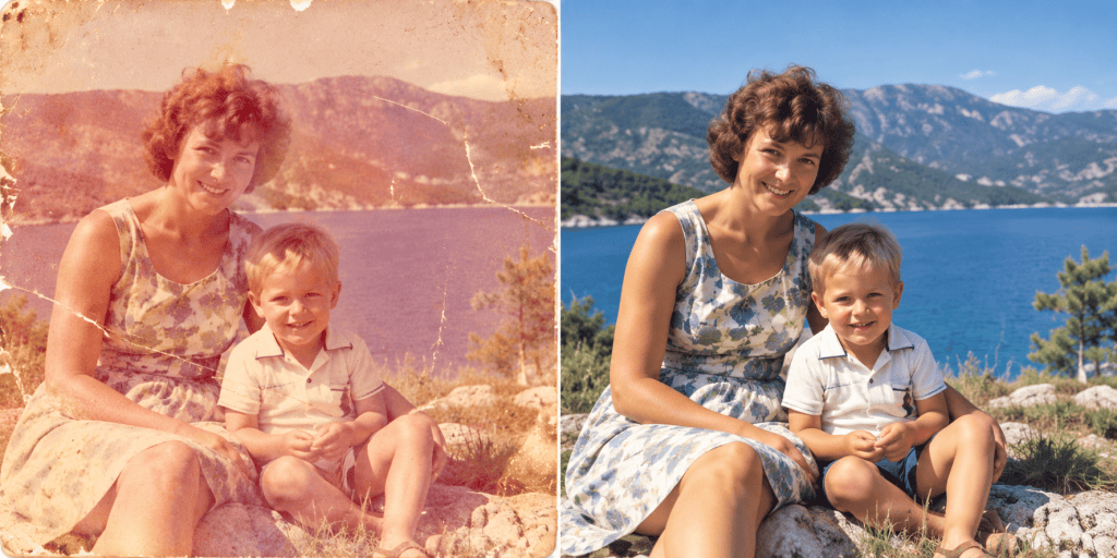 Voor en na van een verbleekte oude kleurenfoto waarvan kleur en contrast digitaal zijn hersteld
